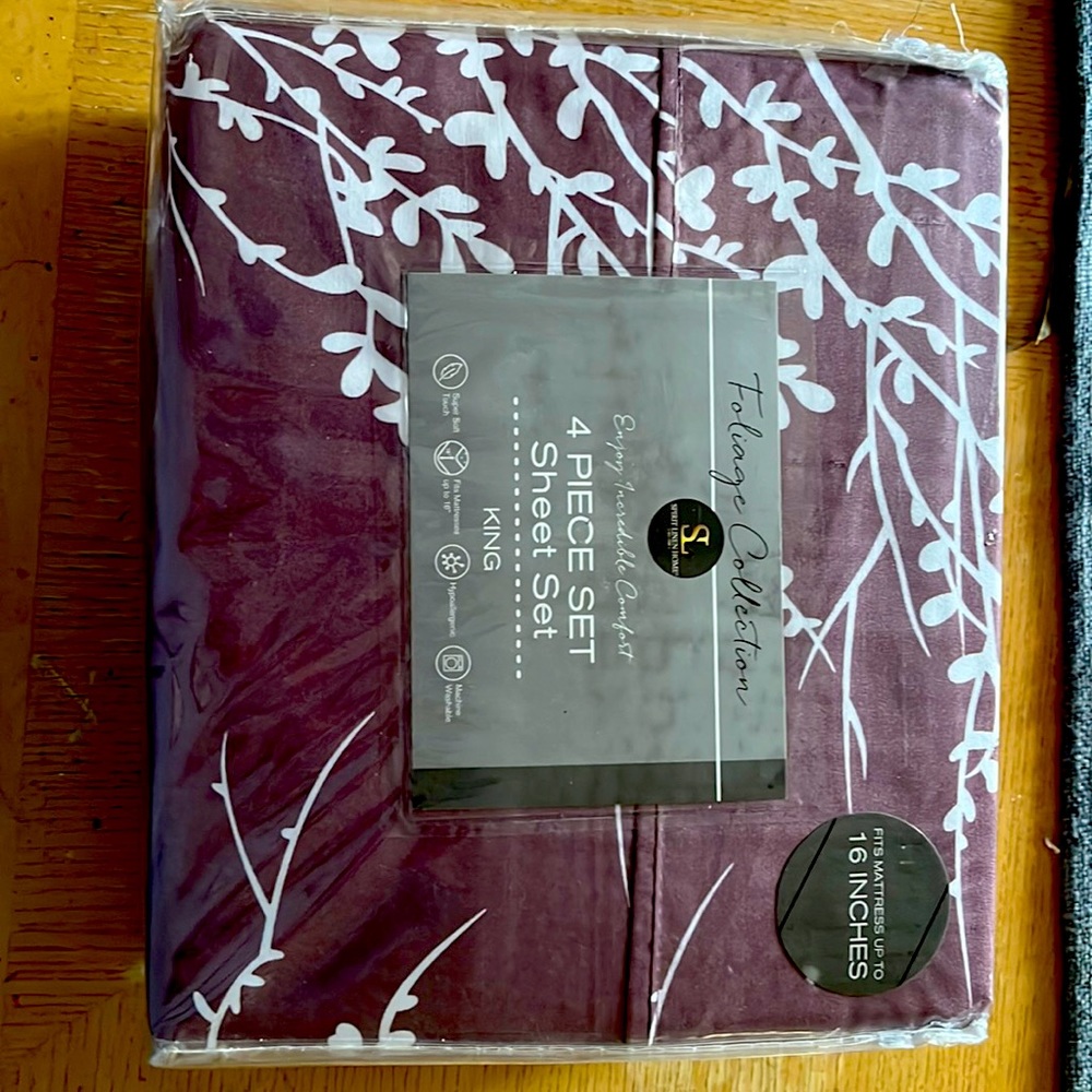 Super Soft Microfiber King Sheet Set.  Lilac/Purple with White branches.